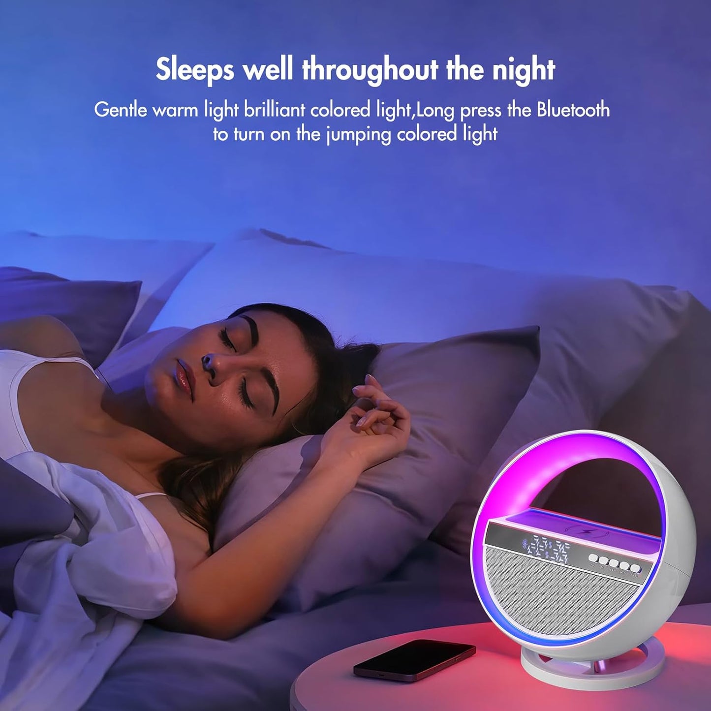 Table Lamp with Wireless Charger, Hi-Res Bluetooth Speakers and Alarm Clock, Atmosphere Lamp with 15W Qi Wireless Charger, Bedside Lamp Mood Lighting Gifts for Bedroom Home Decor