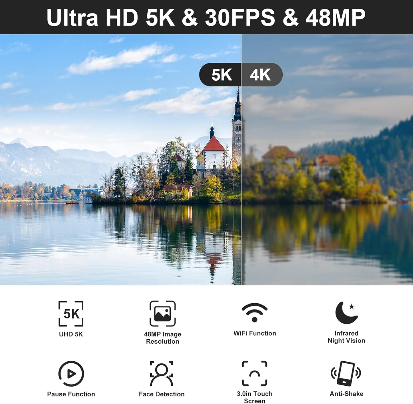 "Ultimate 5K Video Camera Camcorder - 48MP UHD, Wifi & IR Night Vision, Perfect for YouTube Vlogging with 16X Zoom, Touch Screen, External Microphone, Stabilizer, Remote & 2 Batteries!"