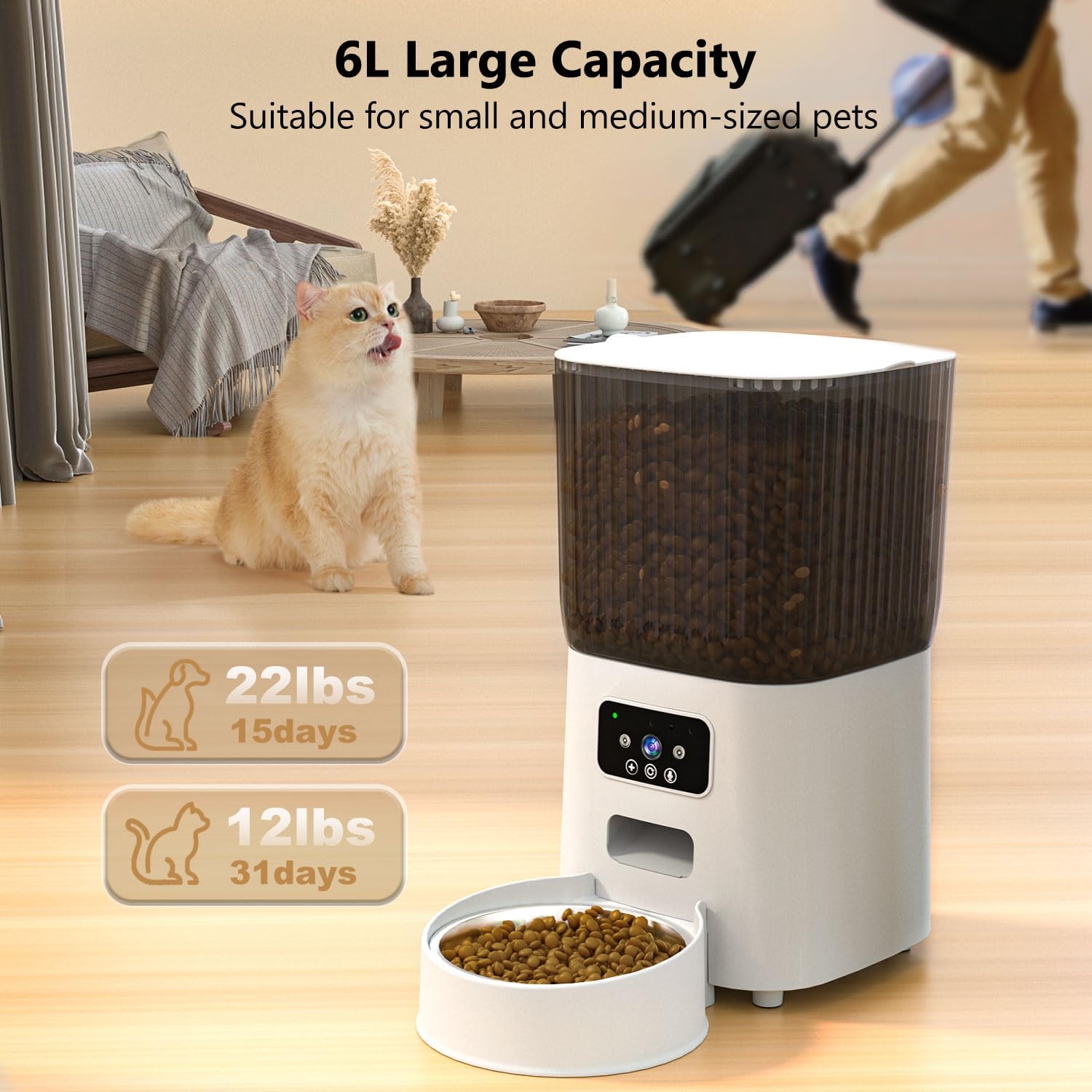 "Smart Automatic Cat Feeder with HD Camera & Night Vision - 6L Timed Food Dispenser, 2-Way Audio & App Control for Cats and Dogs!"