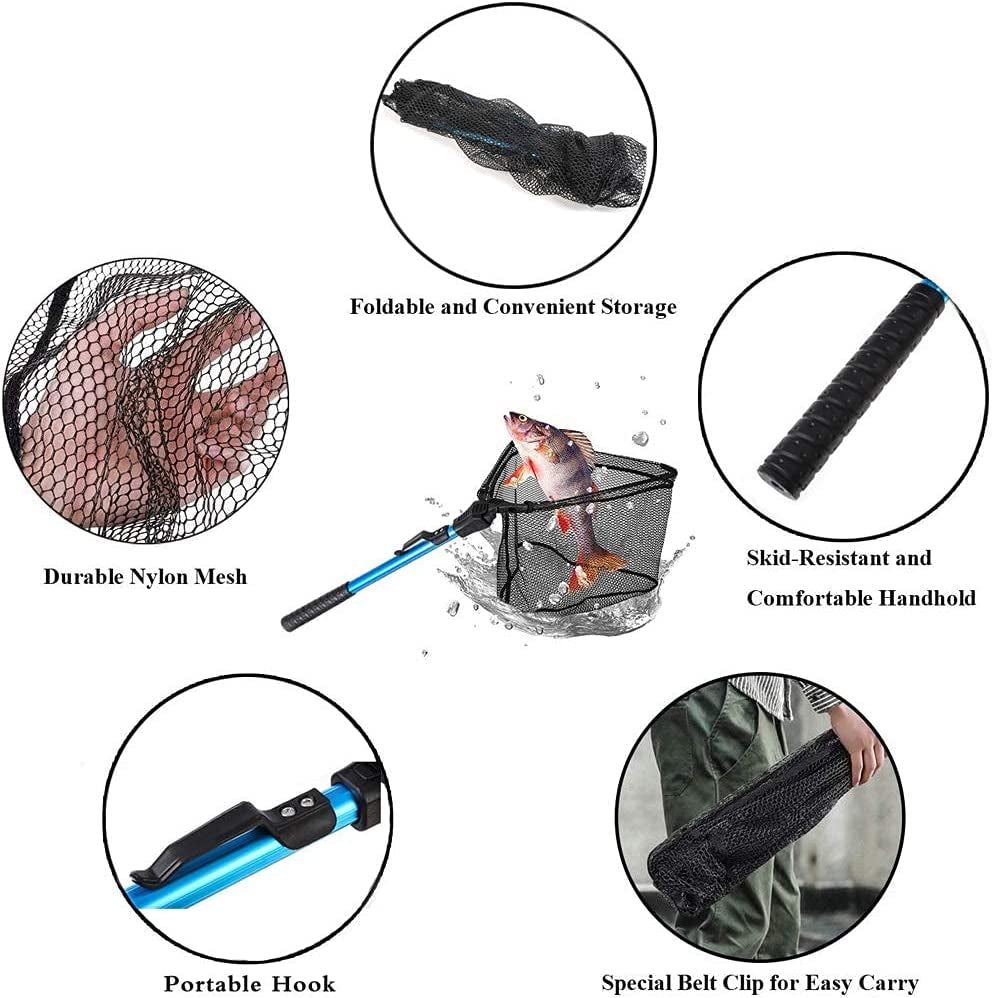 Foldable Fishing Net for Steelhead,Salmon,Kayak, Catfish, Bass,Trout Fishing,Telescopic Extending Fish Landing Net and Durable Soft Mesh for Catching&Releasing