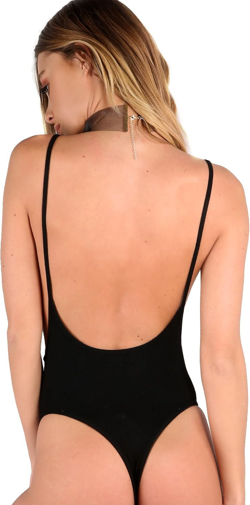 Women'S Spaghetti Strap Armhole Plain Backless Bodysuit Black S