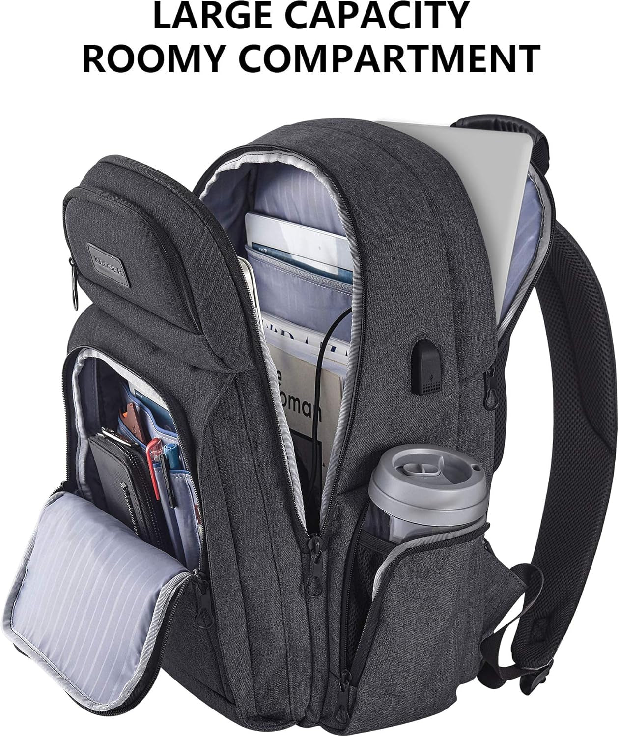 Travel Laptop Backpack Stylish 15.6 Inch Computer Backpack with Hard Shell Saferoom Water-Repellent Sturdy Daypack with RFID Pockets for Work/Business/College/Men/Women-Charcoal Black