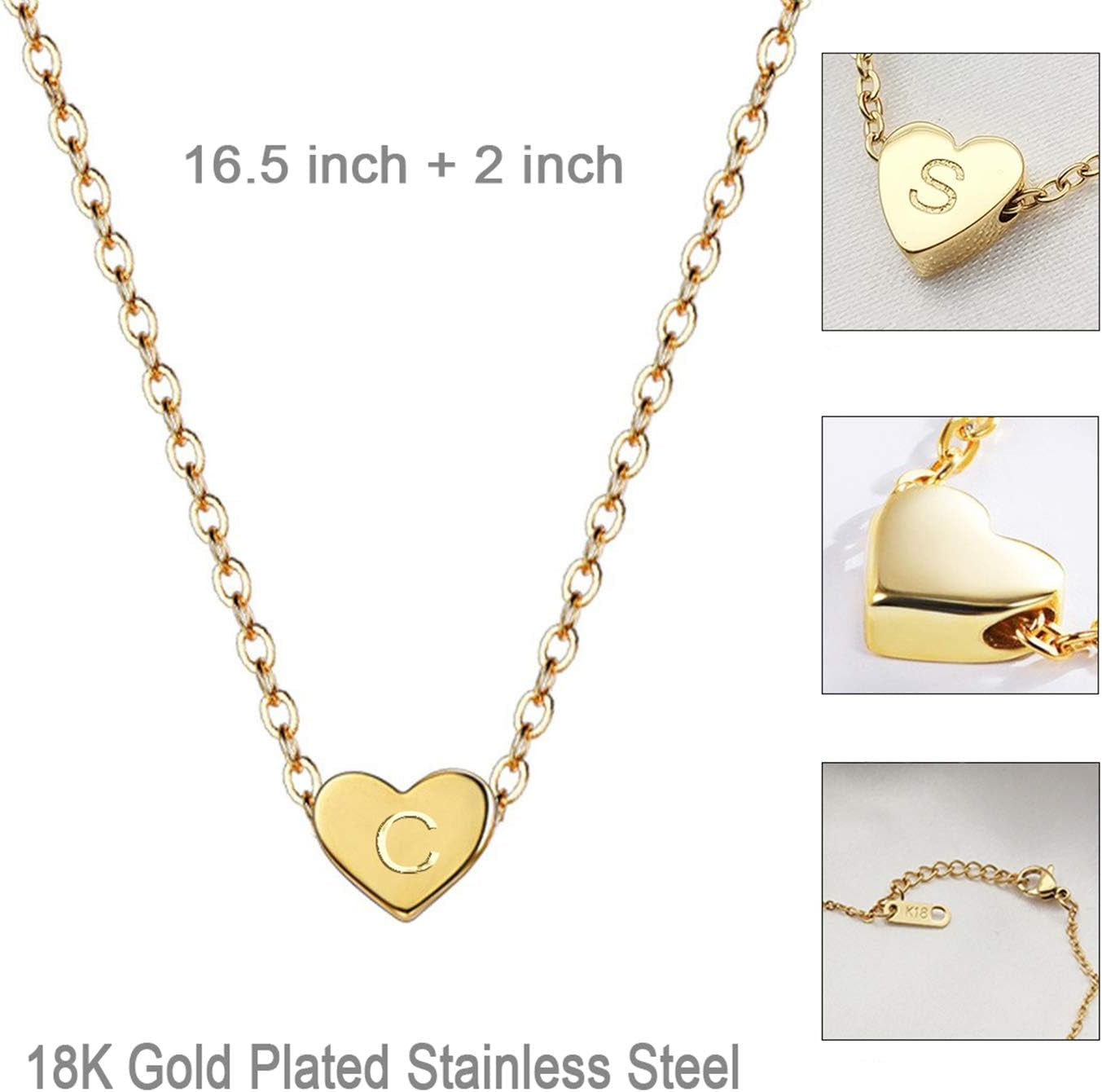 18K Gold Plated Initial Heart Necklace Stainless Steel Name Necklace Personalized Tiny Heart Pendant Letter C Necklace for Women