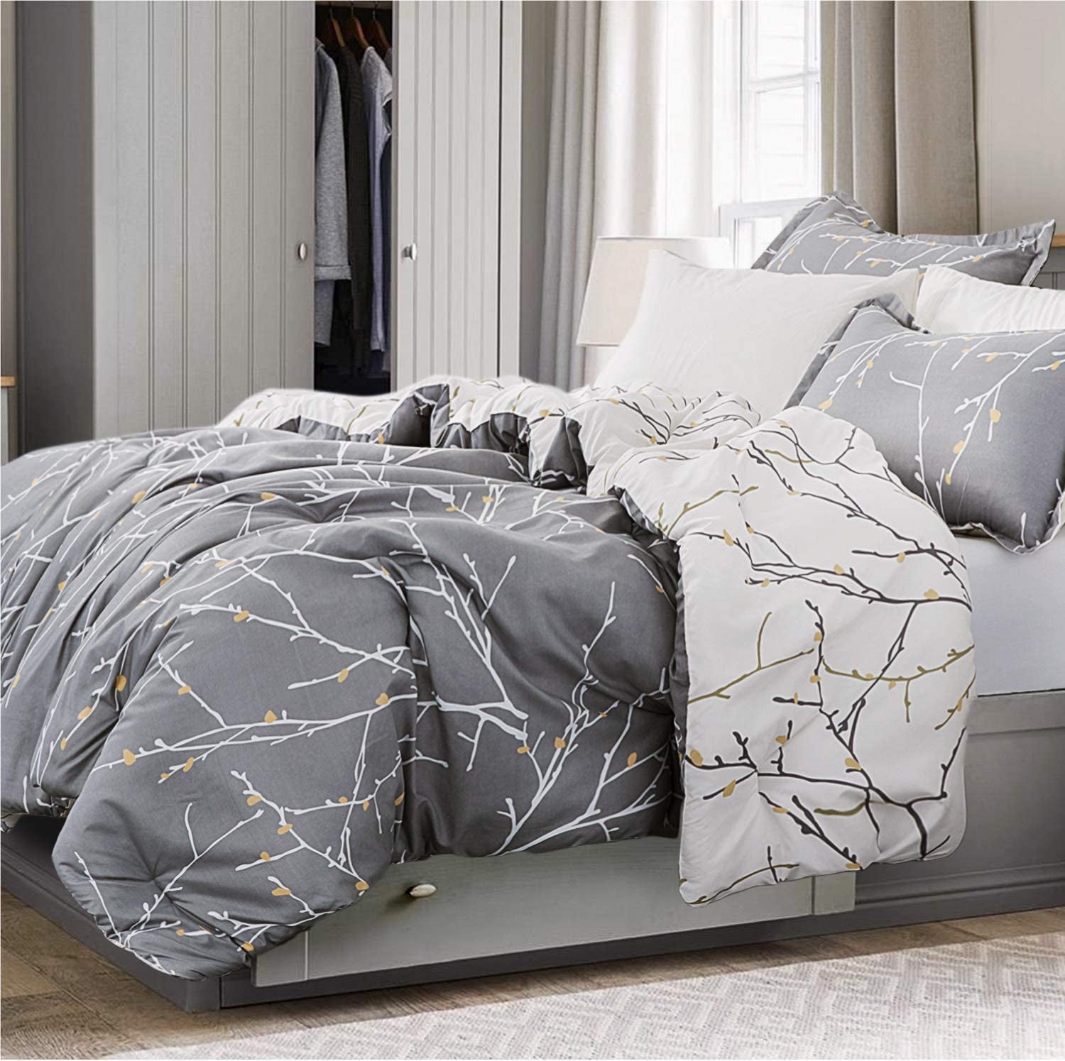 Comforter Set Queen Size, Reversible down Alternative Comforter Microfiber Duvet Insert Sets (1 Comforter + 2 Pillow Shams), Tree Branch Floral, Grey&Ivory