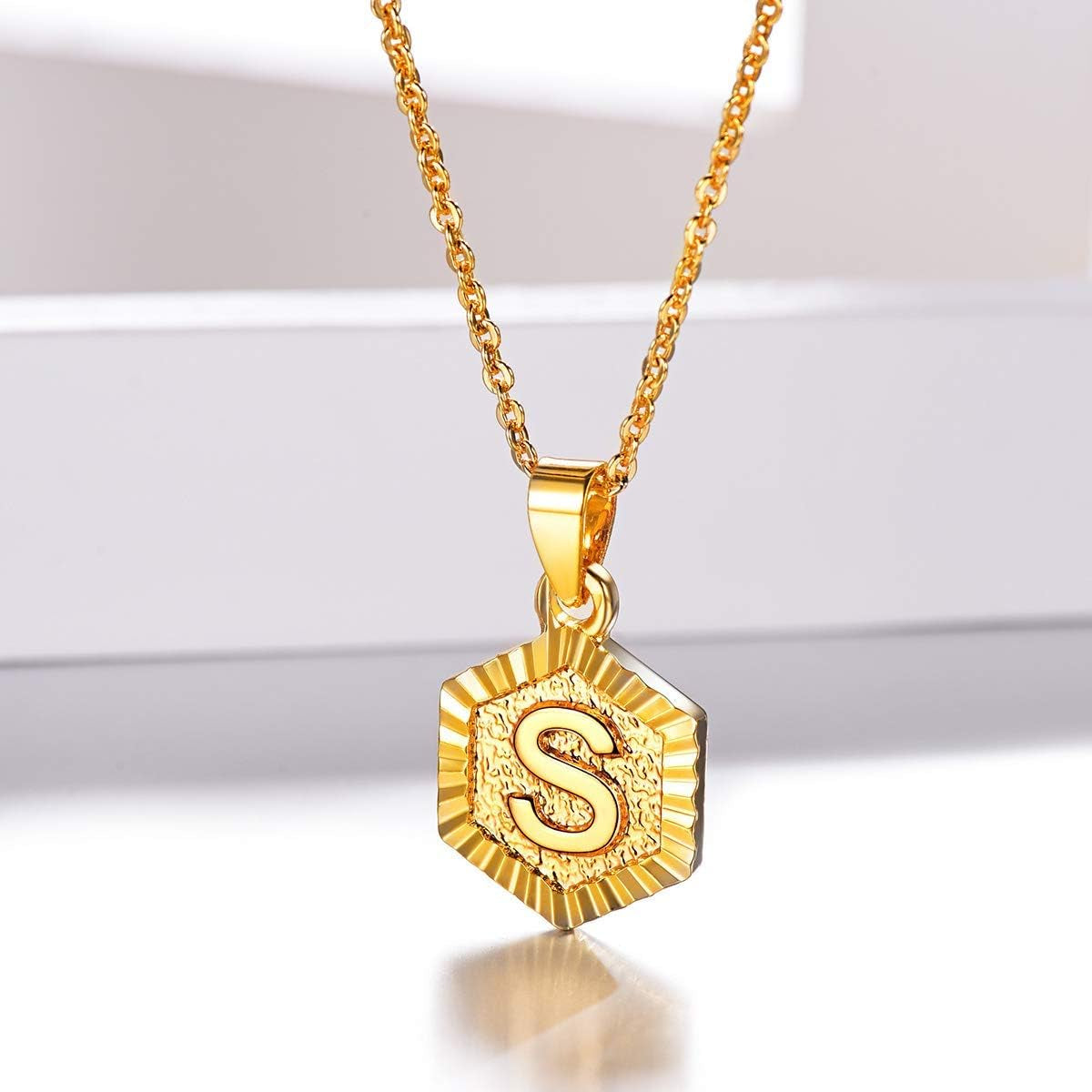 Initial Necklaces for Women Yellow Gold/Platinum Plated Hexagon Letter Pendant Necklace 18 Inch