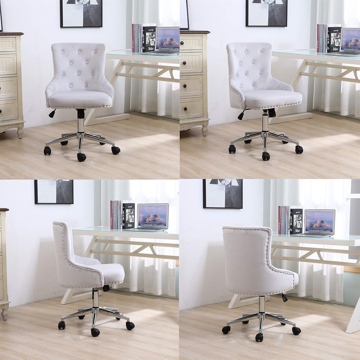 Office Desk Chairs Fabric Velvet Swivel Chair Soft Seat Computer Task Chair Reading Chair for Living Room Bedroom, Light Grey