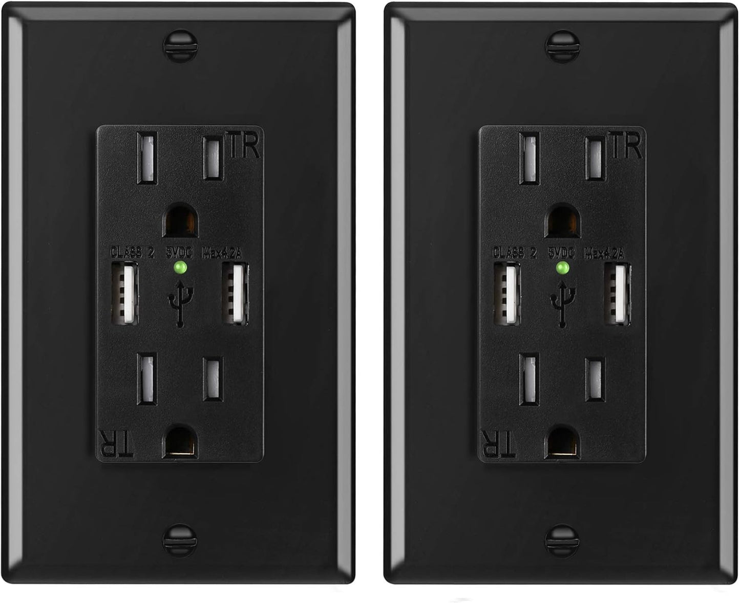 2 Pack USB Wall Outlet Black,  4.2A/5V Dual USB Outlet 15A/125V TR Receptacle Smart High Speed USB Charger Socket Tamper Resistant Electrical Outlet