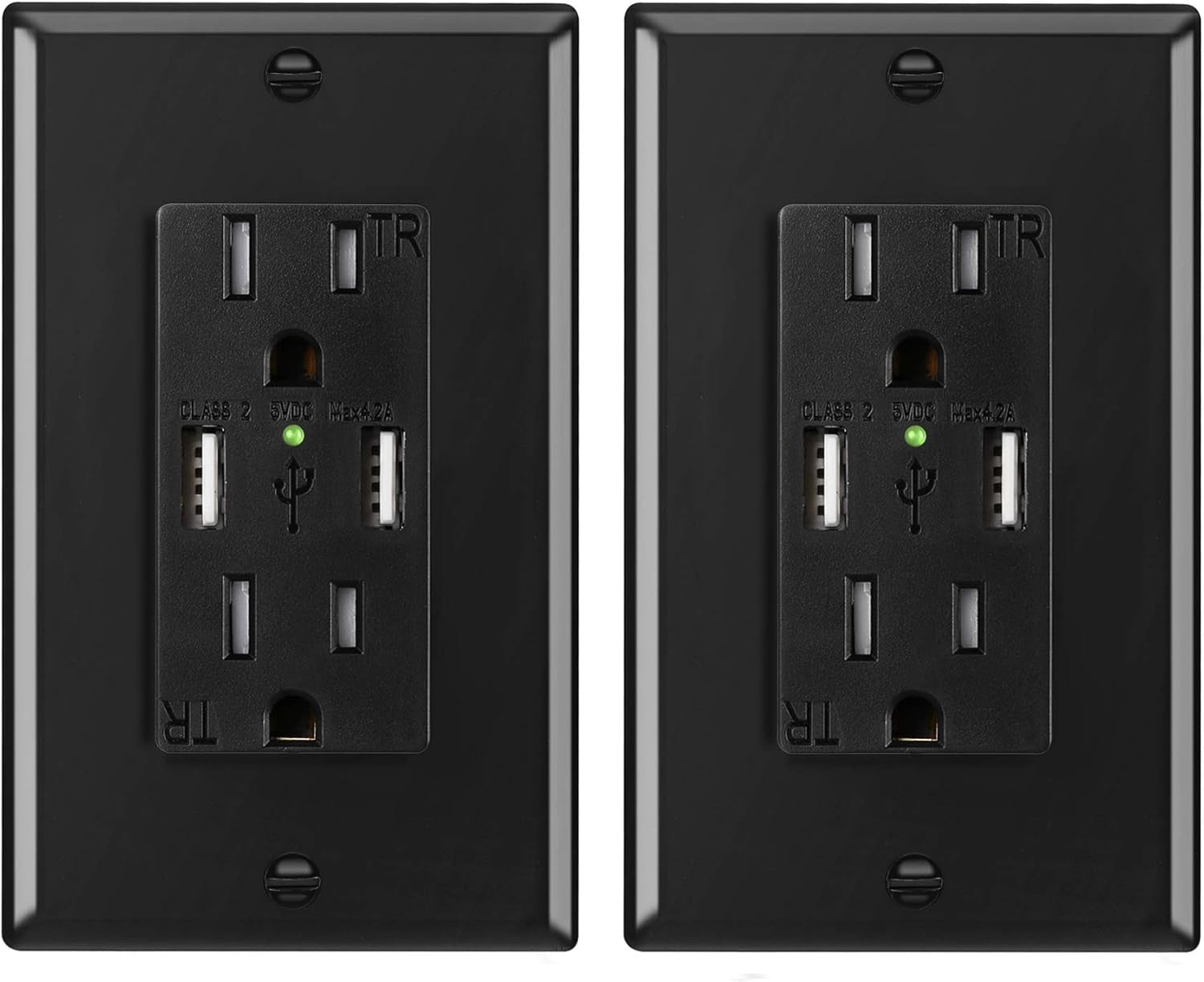 2 Pack USB Wall Outlet Black,  4.2A/5V Dual USB Outlet 15A/125V TR Receptacle Smart High Speed USB Charger Socket Tamper Resistant Electrical Outlet