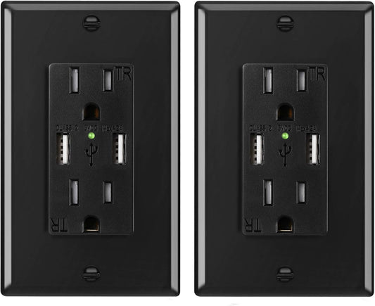 2 Pack USB Wall Outlet Black,  4.2A/5V Dual USB Outlet 15A/125V TR Receptacle Smart High Speed USB Charger Socket Tamper Resistant Electrical Outlet