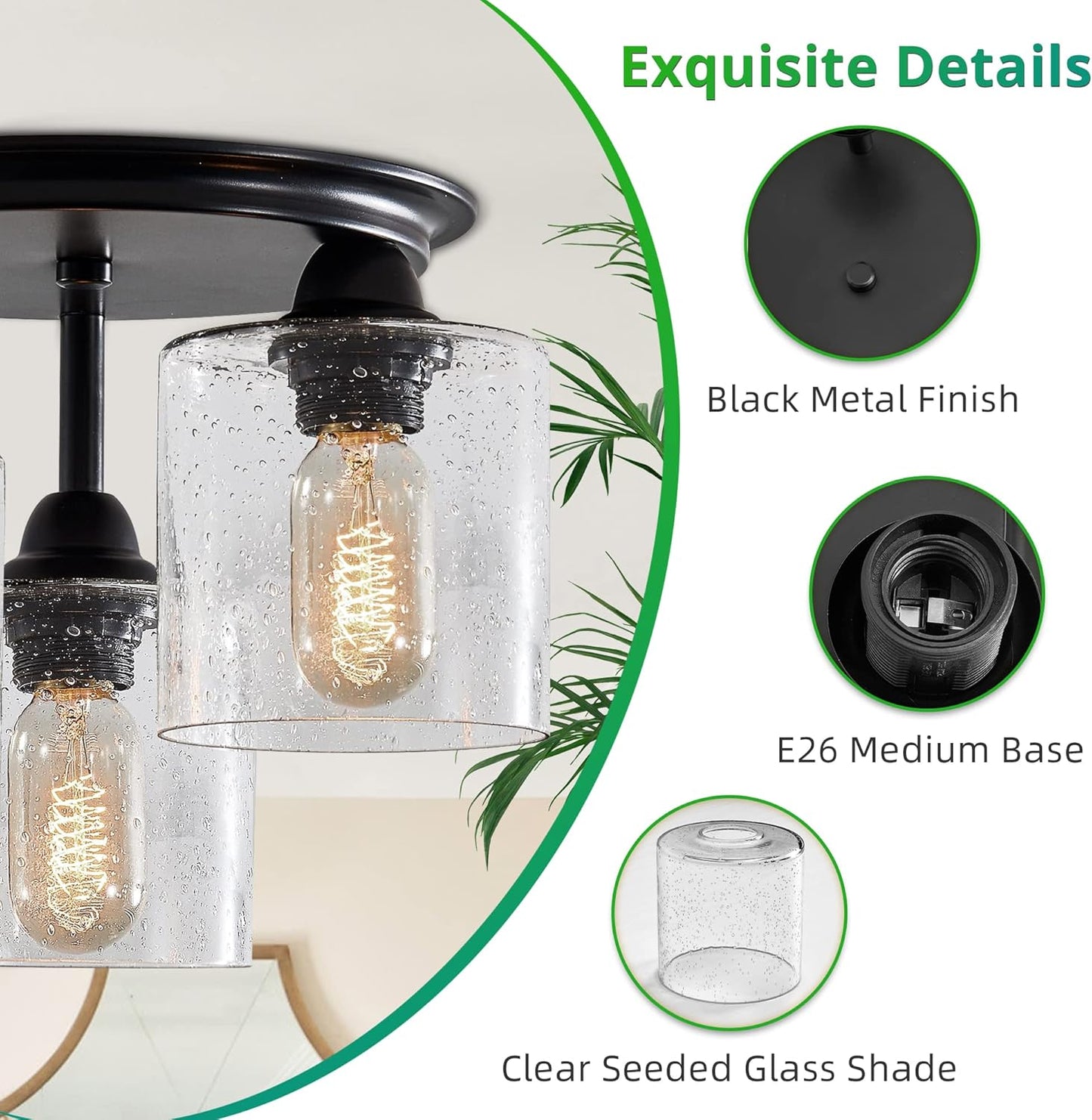 Semi Flush Mount Ceiling Light, 3-Light Industrial Black Matte Light Fixtures Ceiling Mount, Hallway Light Fixtures with Clear Seeded Glass Shades for Kitchen, Entryway, Bedroom, Foyer