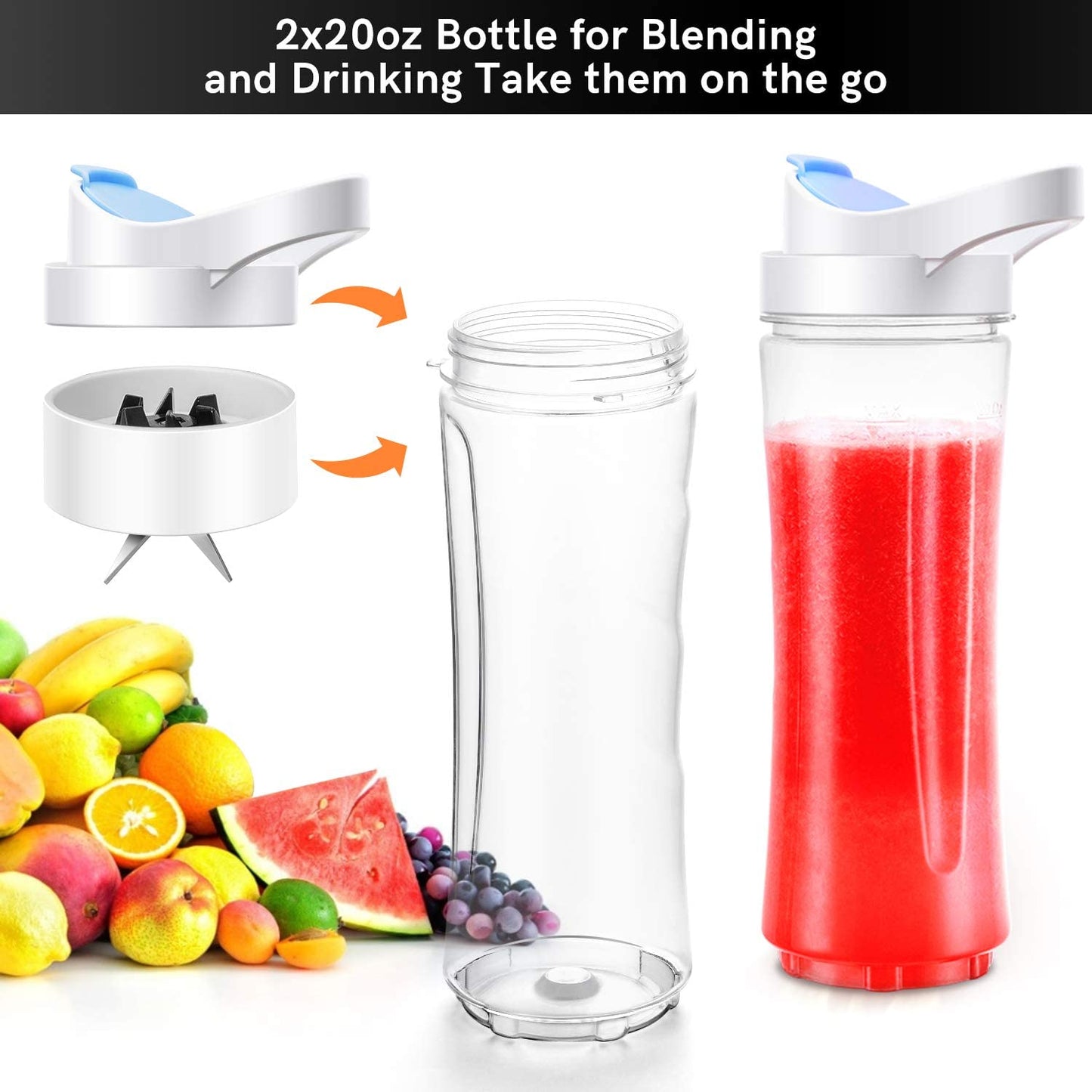 Personal Mini Blender for Shakes and Smoothies,  Single Serve Blender for Fruits and Vegetables with 2 * 20Oz Bpa-Free Travel Sport Bottles