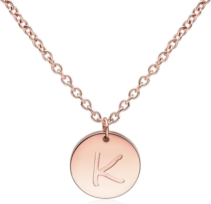 Stainless Steel Initial Necklaces Rose Gold Silver Tone Alphabet 12Mm / 0.47 Inches Tiny Disc Pendant Initial Necklace for Women Girls