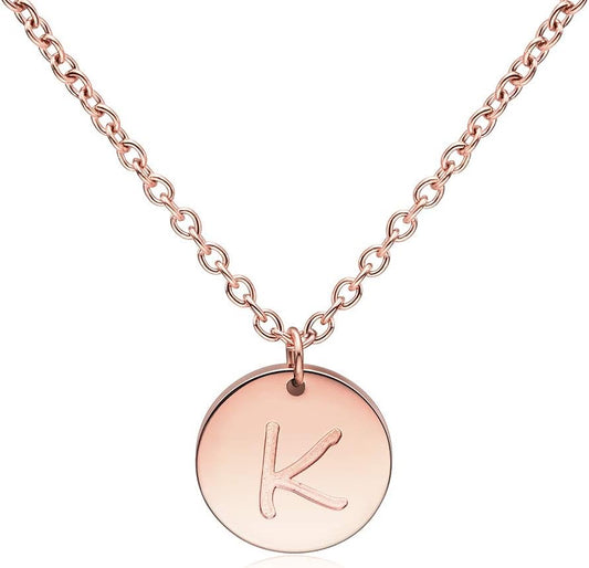 Stainless Steel Initial Necklaces Rose Gold Silver Tone Alphabet 12Mm / 0.47 Inches Tiny Disc Pendant Initial Necklace for Women Girls