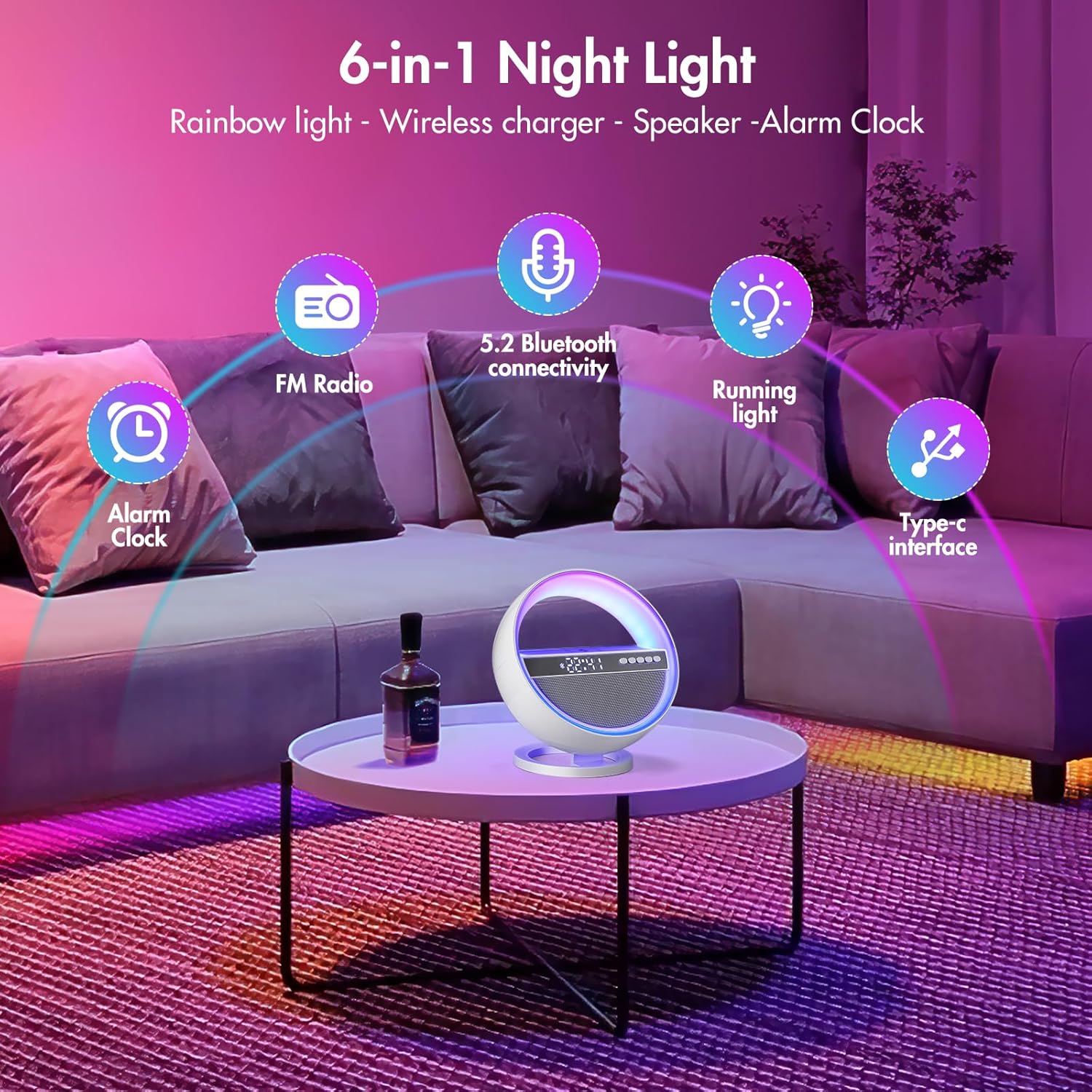 Table Lamp with Wireless Charger, Hi-Res Bluetooth Speakers and Alarm Clock, Atmosphere Lamp with 15W Qi Wireless Charger, Bedside Lamp Mood Lighting Gifts for Bedroom Home Decor