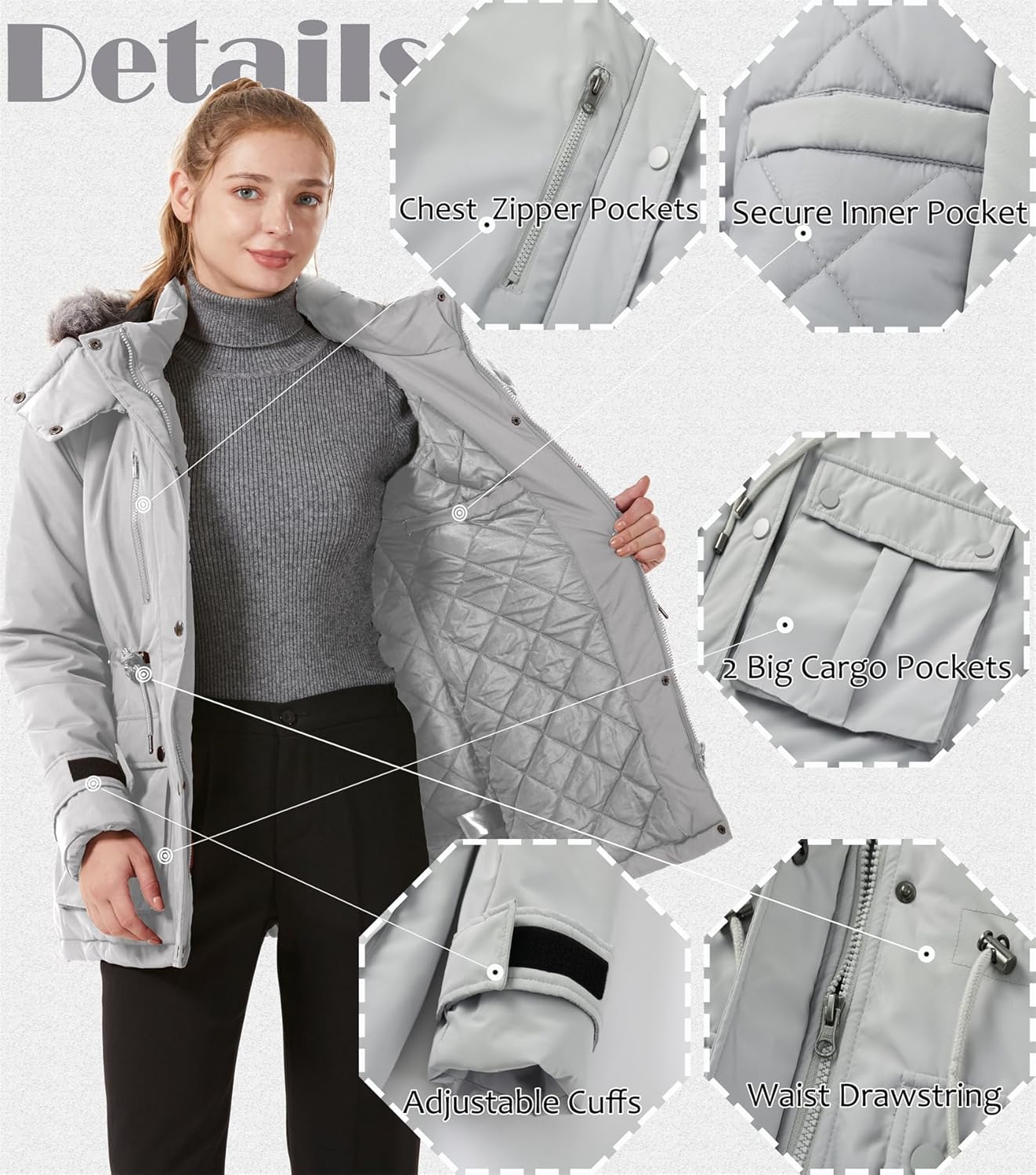 Women'S Quilted Winter Coat Warm Puffer Jacket Thicken Parka with Removable Hood