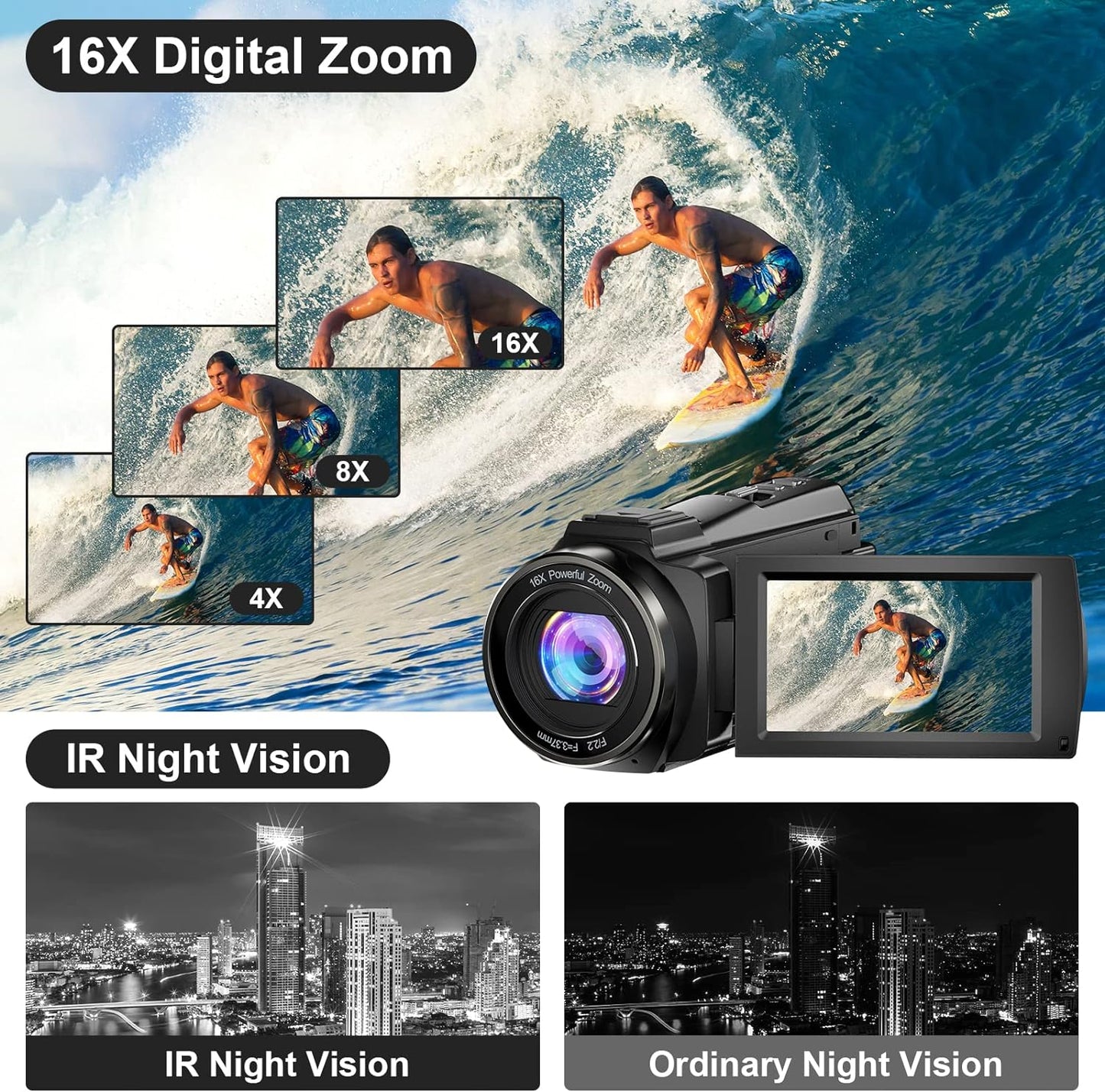 "Ultimate 5K Video Camera Camcorder - 48MP UHD, Wifi & IR Night Vision, Perfect for YouTube Vlogging with 16X Zoom, Touch Screen, External Microphone, Stabilizer, Remote & 2 Batteries!"