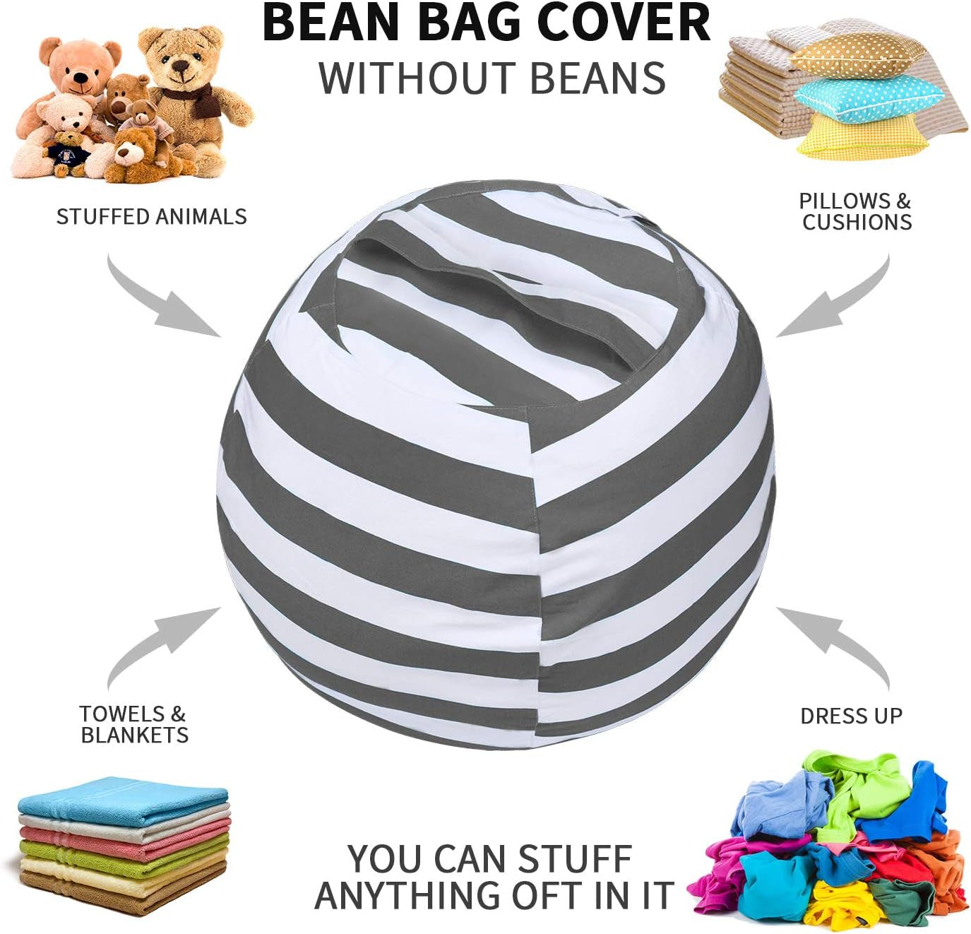 Stuffed Animal Storage Bean Bag Chair Cover, Cotton Canvas Beanbag with Zipper for Organizing Kid'S and Adults Room 24" (Grey)