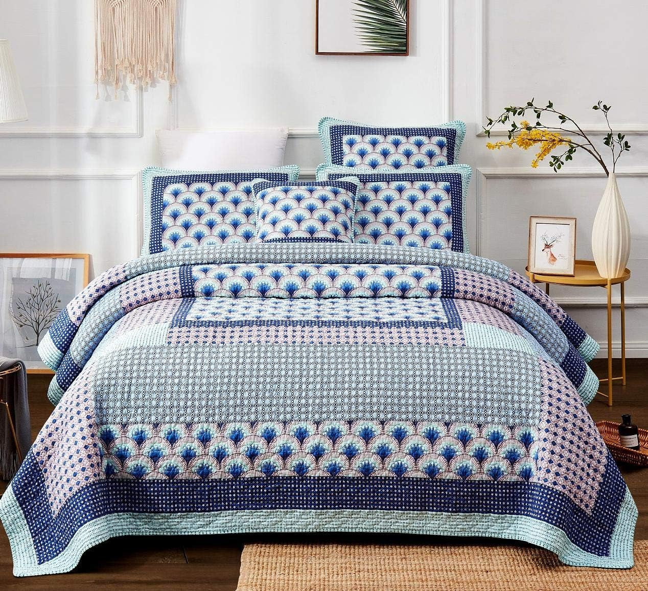 Dada Bedding Mediterranean Minty Blue Cotton Patchwork Bedspread Set - Mid Century Nautical Breezy Ocean Waves Sea Shell - Navy Lavender Bright Colorful Coverlet Bedding - King - 3-Pieces