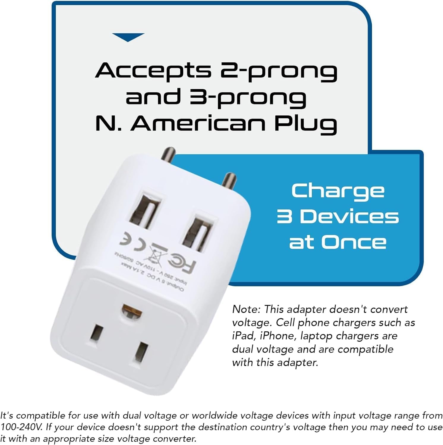 European, Egypt Travel Adapter Plug with Dual USB - Type C - Europe - Usa Input - Light Weight - Perfect for Cell Phones, Chargers, Cameras and More - 2 Pack