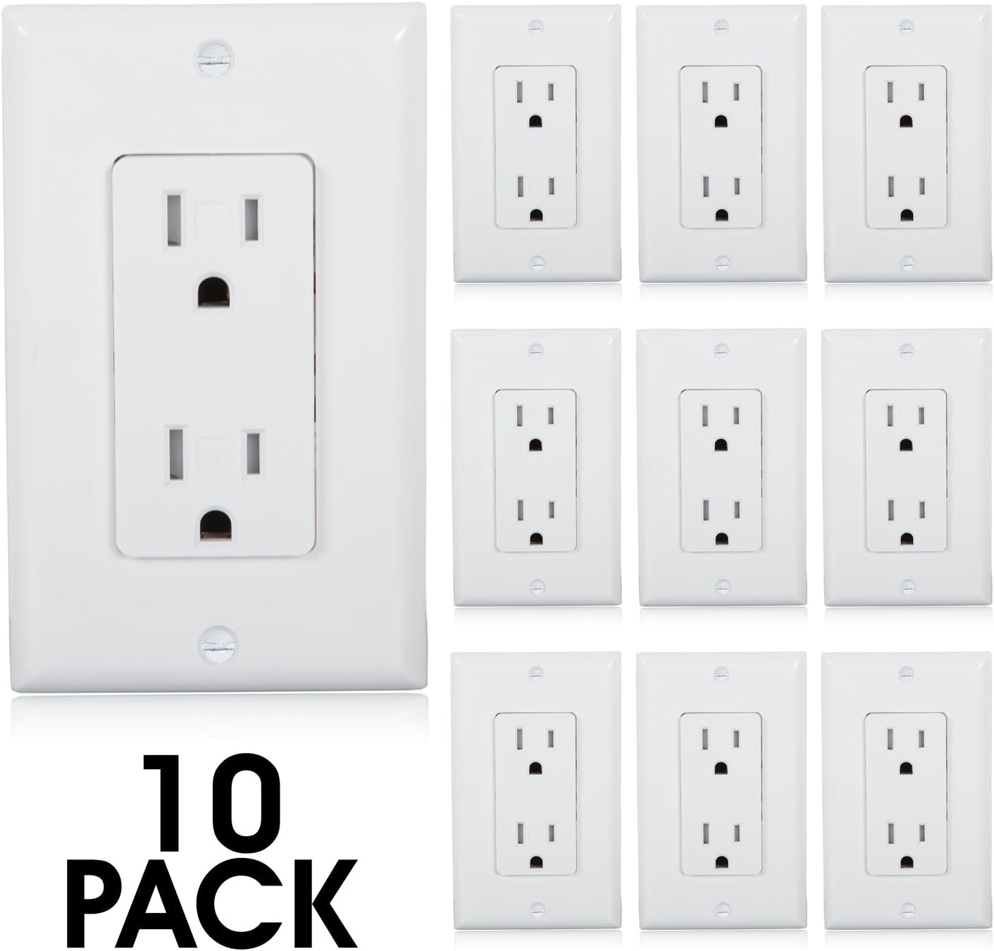 Tamper Resistant Duplex Receptacle - Standard Decorative Electrical Wall Outlet 15A, Contractor Pack, Wall Plates Included - White - 10 Pack