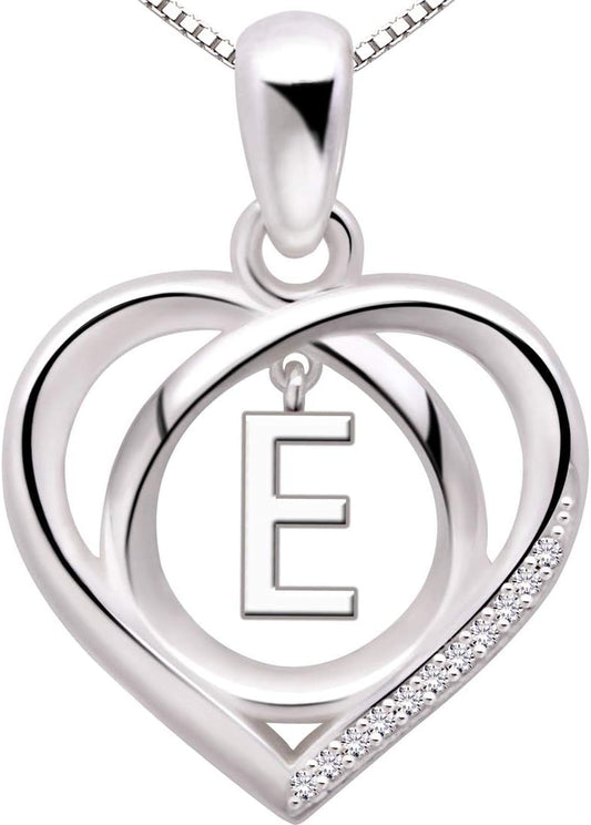 Jewelry Sterling Silver Initial Letter Alphabet Love Heart Cubic Zirconia Pendant Necklace