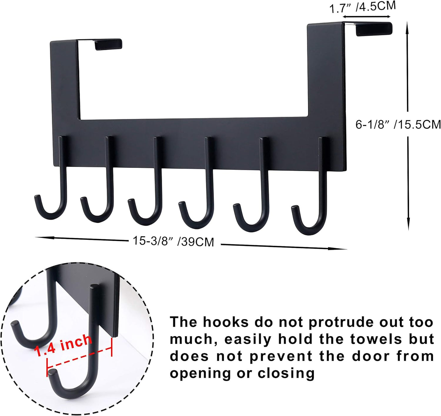 over the Door Hook - 6 Hooks, Metal Door Rack for Entryway, over the Door Towel Hook for Bathroom, Black Door Hanger for Coat, Towel, Backpack