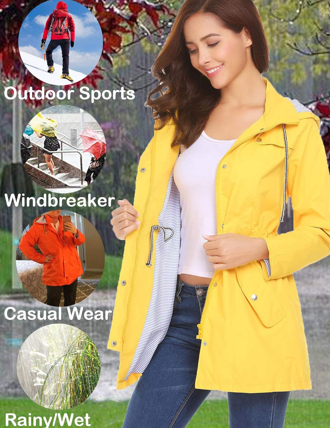 Raincoat Waterproof Lightweight Rain Jacket Active Outdoor Hooded Windbreaker for Women (Yellow, S)