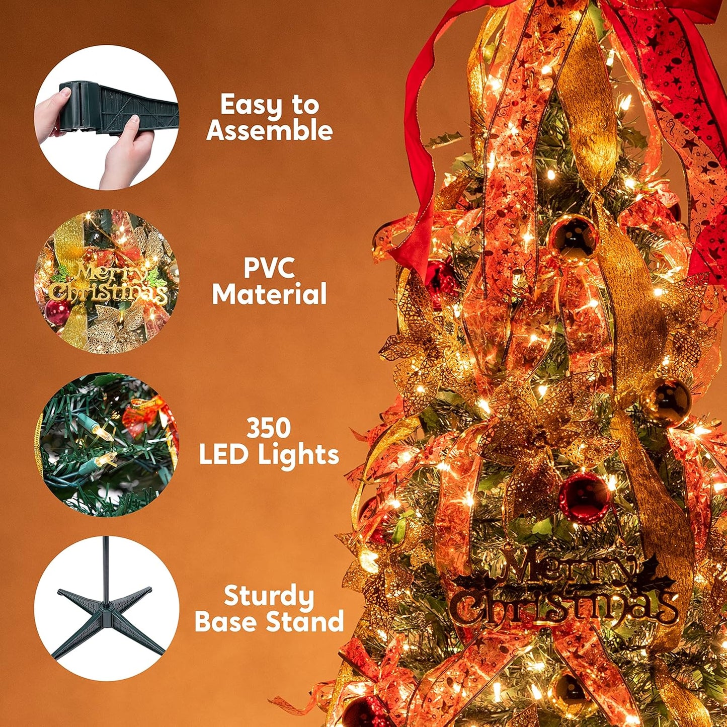 6 FT Christmas Collapsible Tree Pop up Christmas Tree with 350 LED Warm White Lights for Indoor Outdoor Garden Holiday Décor