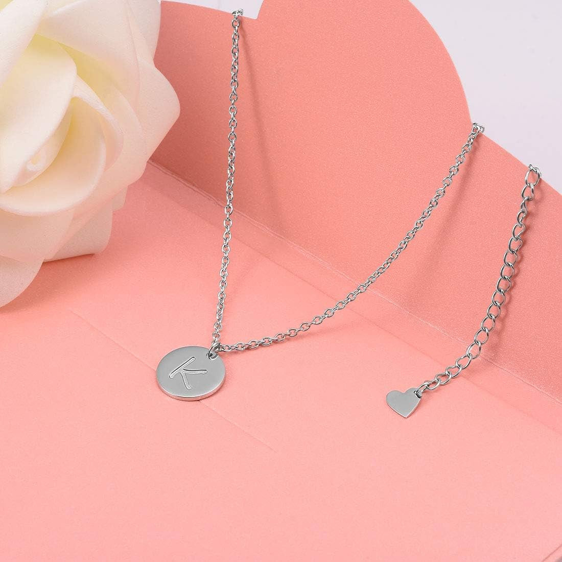 Stainless Steel Initial Necklaces Rose Gold Silver Tone Alphabet 12Mm / 0.47 Inches Tiny Disc Pendant Initial Necklace for Women Girls