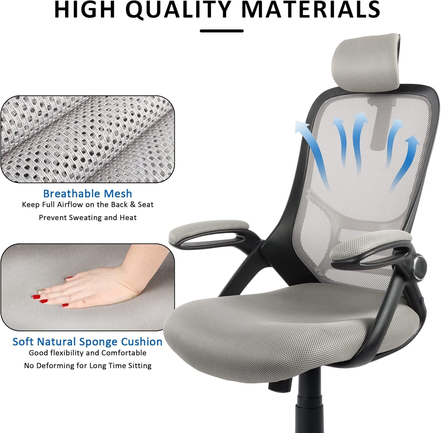 Office Chair Executive Mesh Computer Desk Chair Comfortable with Headrest, Flip-Up Arms, Adjustable Height, Black & Grey