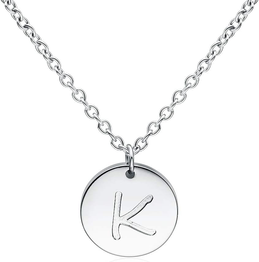 Stainless Steel Initial Necklaces Rose Gold Silver Tone Alphabet 12Mm / 0.47 Inches Tiny Disc Pendant Initial Necklace for Women Girls