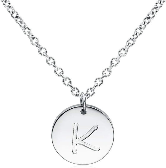 Stainless Steel Initial Necklaces Rose Gold Silver Tone Alphabet 12Mm / 0.47 Inches Tiny Disc Pendant Initial Necklace for Women Girls