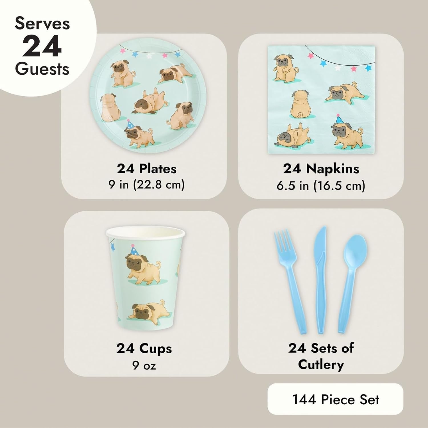 144 Piece Pug Party Supplies, Dog Birthday Decorations with Paper Plates, Napkins, Cups, and Cutlery (Serves 24)