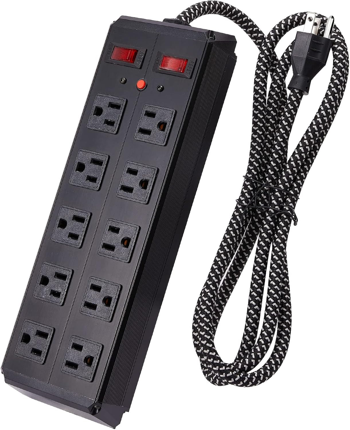 10 Outlets Metal Power Strip Surge Protector with 14 AWG Long Extension Cord,  Heavy Duty Powerstrip Wall Mountable, 2 Overload Protection On/Off Switch, 300J 125V 15A 1875W, 6 FT, Black