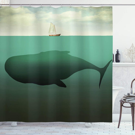 Fantasy Shower Curtain, Surreal Giant Whale in the Middle of Sea and Little Sailboat on the Surface Print, Cloth Fabric Bathroom Decor Set with Hooks, 69" W X 75" L, Green Beige