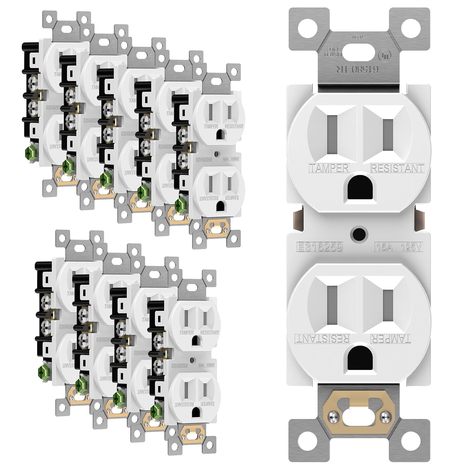 Duplex Receptacle Outlet, Tamper-Resistant Electrical Wall Outlets, Residential Grade, 3-Wire, Self-Grounding, 2-Pole,15A 125V, UL Listed, 61580-TR-W-10PCS, White (10 Pack)