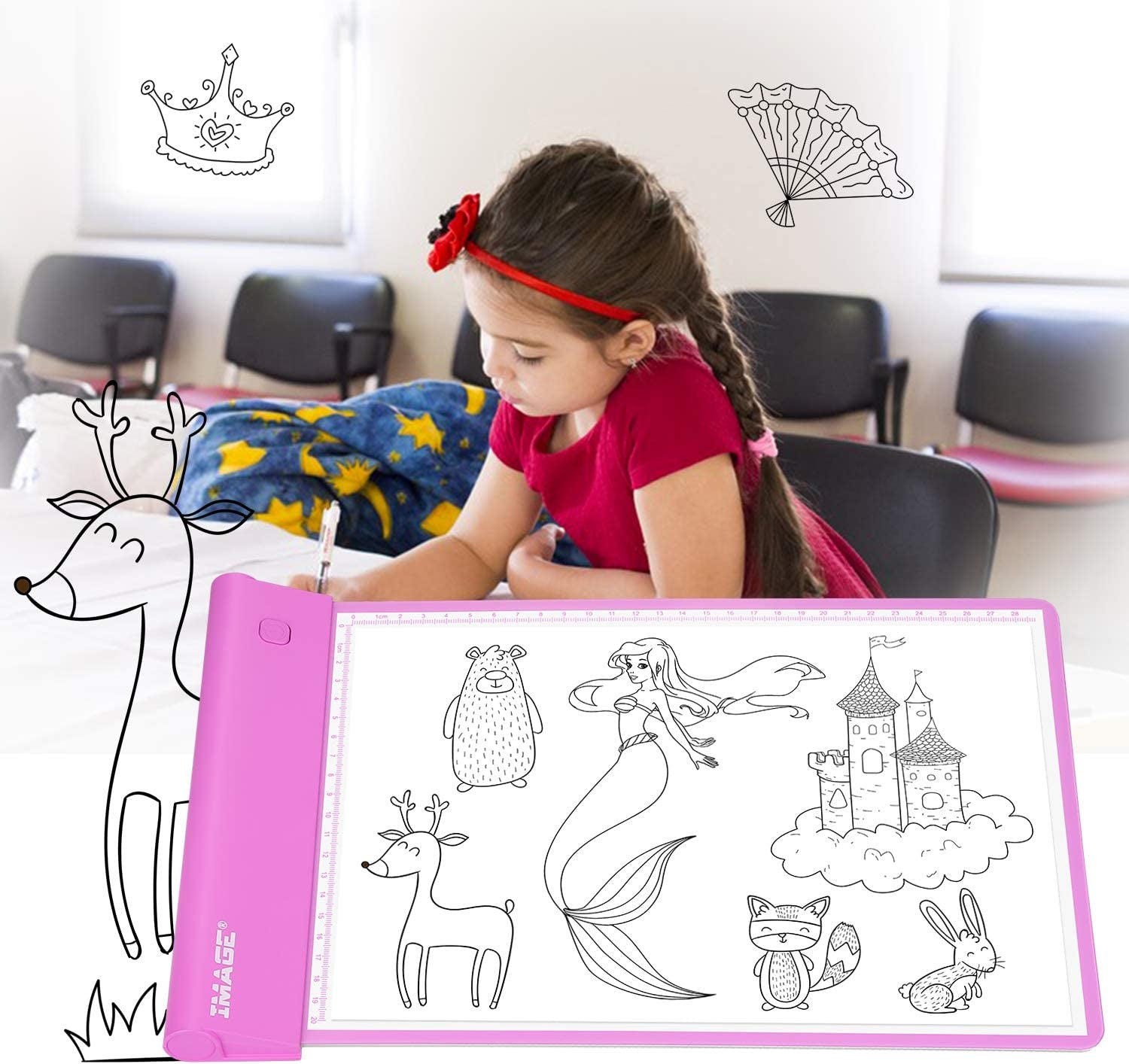 Light up Tracing Pad Pink Drawing Tablet Coloring Board for Kids Children to for Girls Boy (Includes 10 Traceable Sheets and Two Clips)