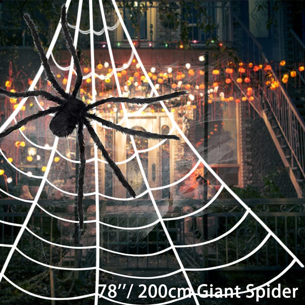 Halloween Decorations, 200" Triangular Huge Spider Web+50” Giant Spider with Spooky Sound+Plastic Fake Spiders, Scary Large Spider Halloween Party Props Decor Indoor Outdoor Home Garden Yard