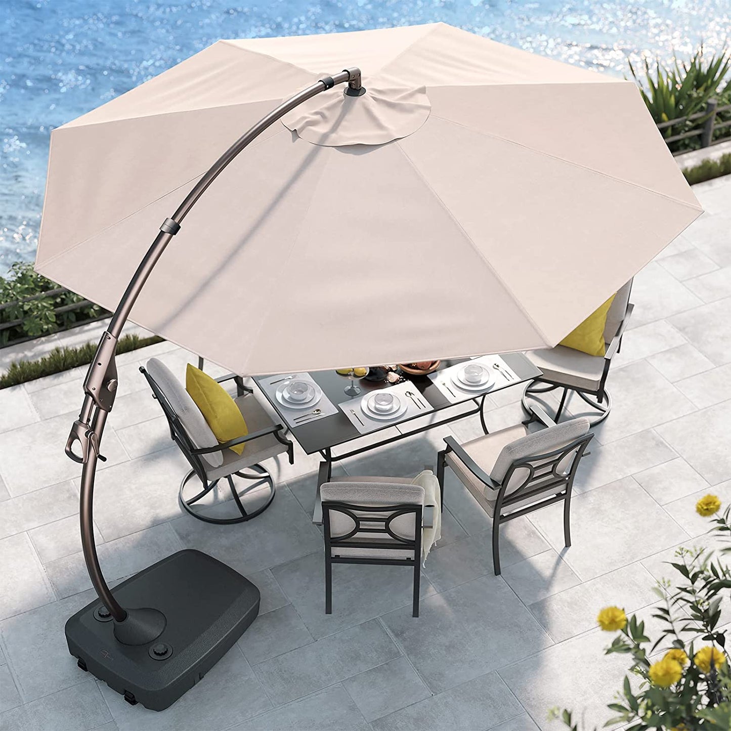 12FT Outdoor Offset Umbrella Large round Aluminum Cantilever Umbrella with Base for Garden Deck Poolside (Champagne, 12 FT)