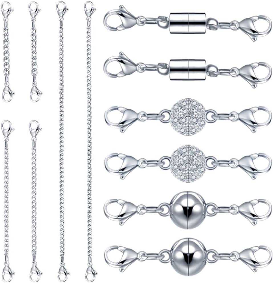 QACOWW 12 Pieces Necklace Extenders, Necklace Extension Clasps Set, Chain Extenders for Necklace Bracelet Anklet Jewelry Making Supplies (Silver)