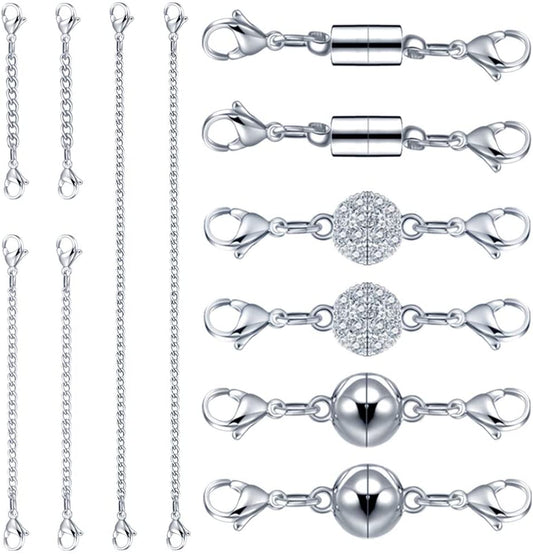 QACOWW 12 Pieces Necklace Extenders, Necklace Extension Clasps Set, Chain Extenders for Necklace Bracelet Anklet Jewelry Making Supplies (Silver)