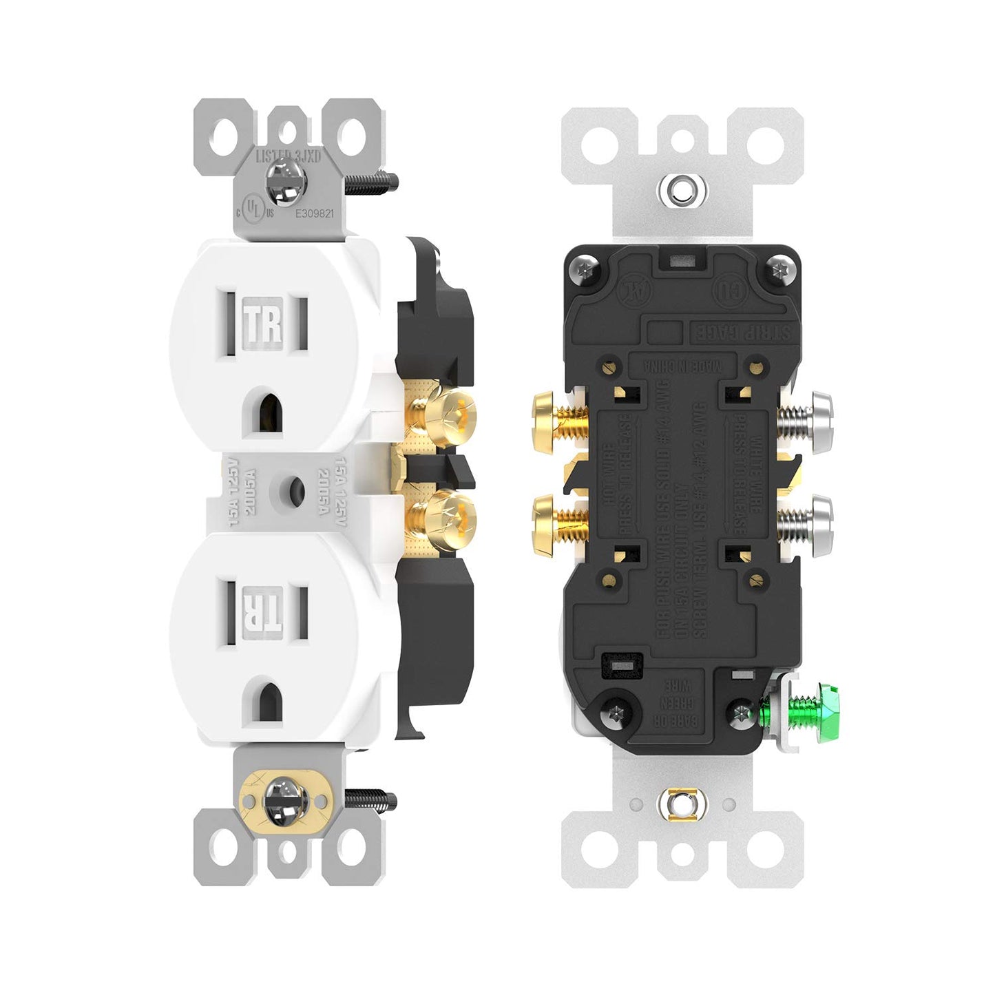 Duplex Receptacle Outlet, TR Outlets, Residential, 3-Wire, Self-Grounding, 15Amp 125V, UL Listed, White(10, White, Push Wire)