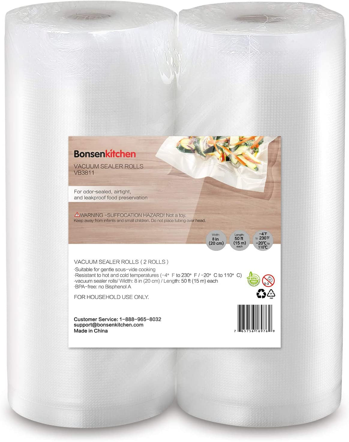 Food Bags Rolls, 2 Pack 8" X 50' Sous Vide Cooking Bags (Total 100 Feet), BPA Free 8 Inch Customized Size Food Vacuum Sealer Bags