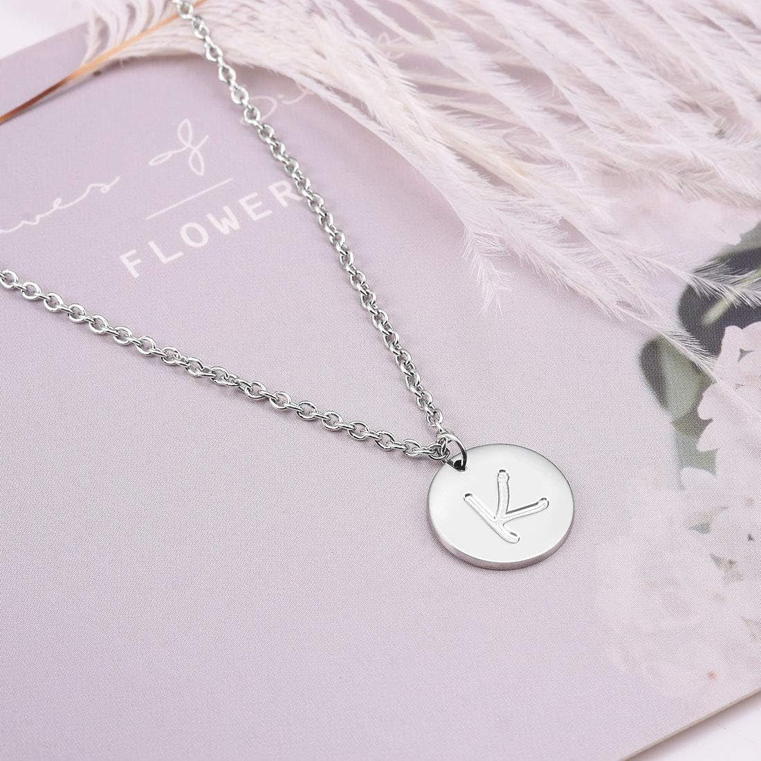 Stainless Steel Initial Necklaces Rose Gold Silver Tone Alphabet 12Mm / 0.47 Inches Tiny Disc Pendant Initial Necklace for Women Girls