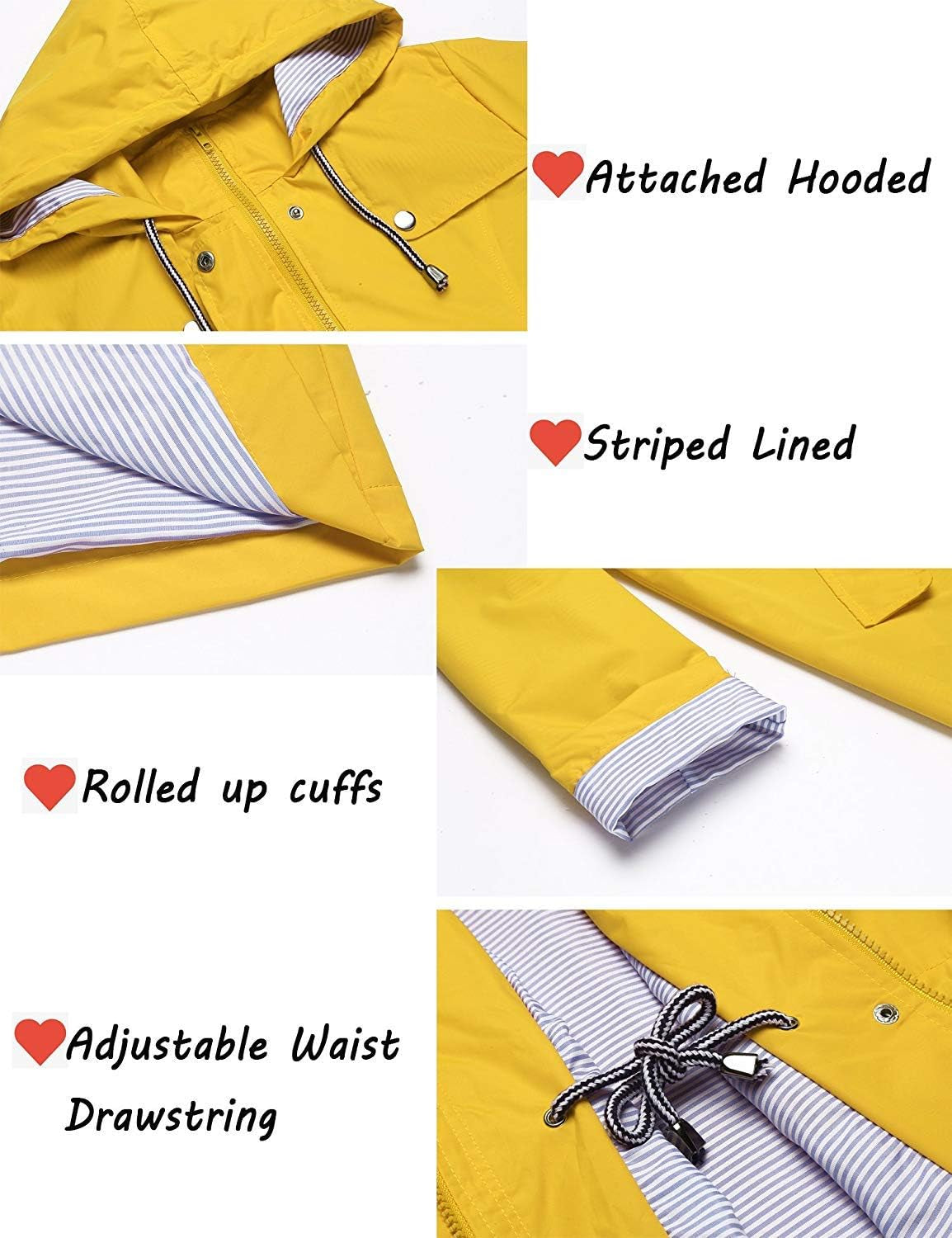 Raincoat Waterproof Lightweight Rain Jacket Active Outdoor Hooded Windbreaker for Women (Yellow, S)