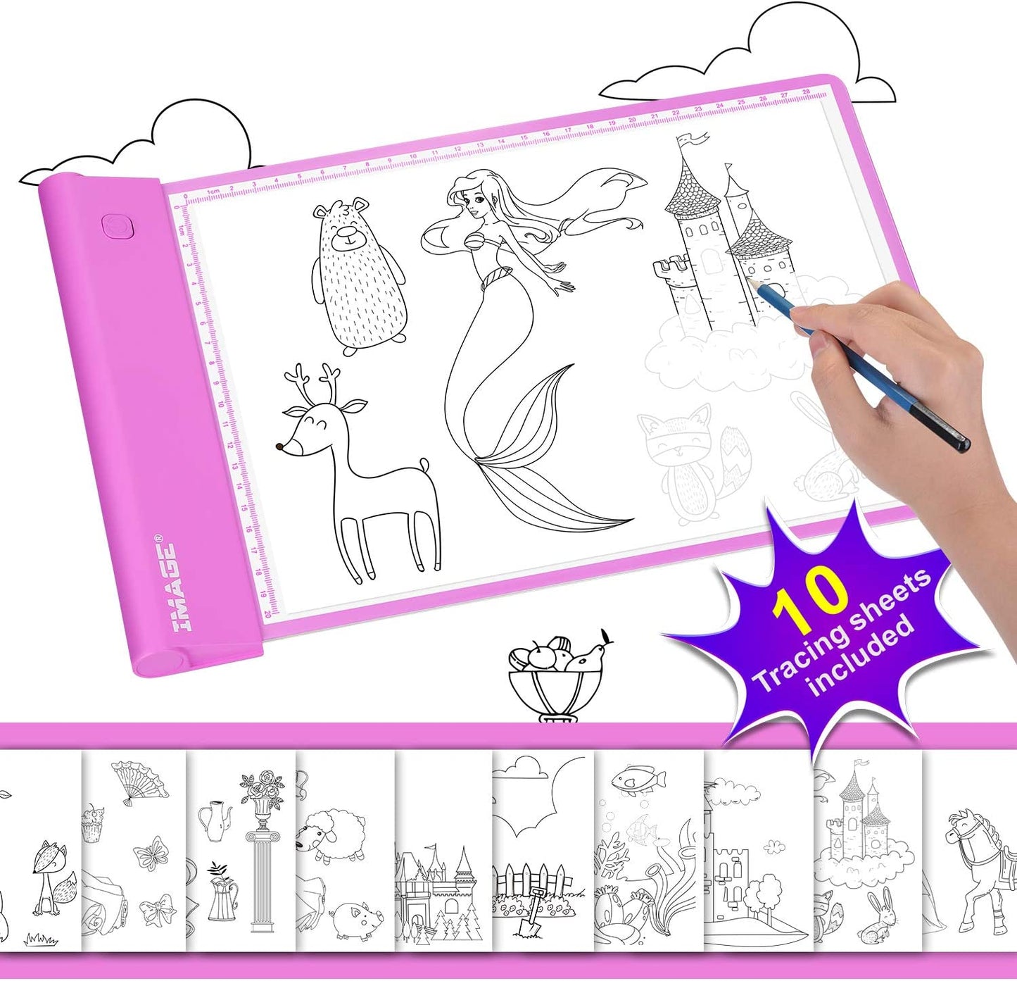 Light up Tracing Pad Pink Drawing Tablet Coloring Board for Kids Children to for Girls Boy (Includes 10 Traceable Sheets and Two Clips)