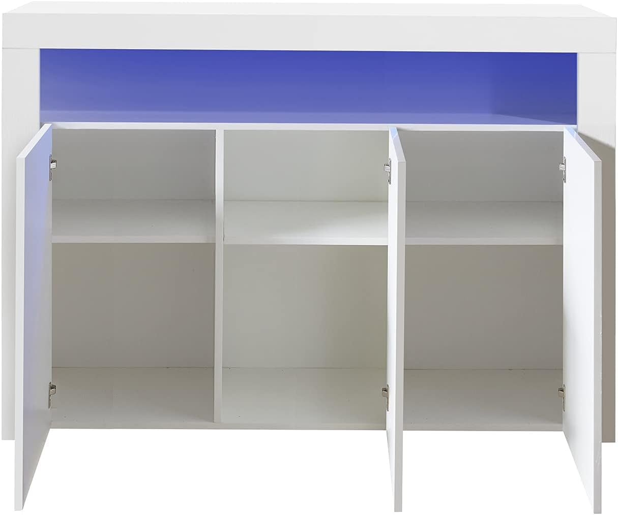 Modern High Gloss Sideboard Buffet Storage Cabinet with Led Lights, 1 Open Shelf and 3 Doors, Cupboard for Kitchen, Dining Room and Living Room, White (004W)