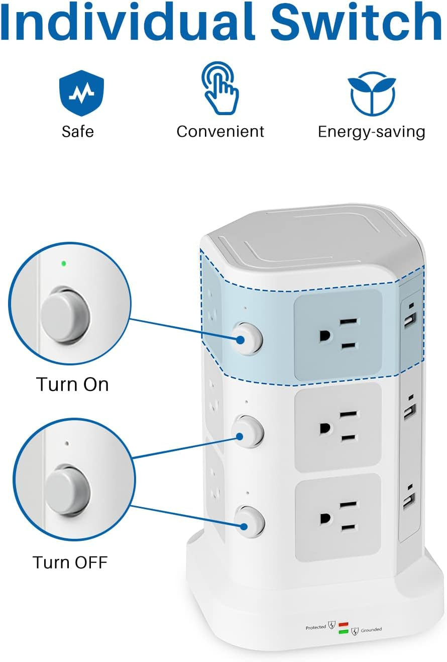 Surge Protector Power Strip Tower,  16.4 FT Extra Long Cord Flat Plug - [15A 1500J] Heavy-Duty 12 Widely Multiple Outlets & 6 USB Charging Station for Home, Office, Dorm White