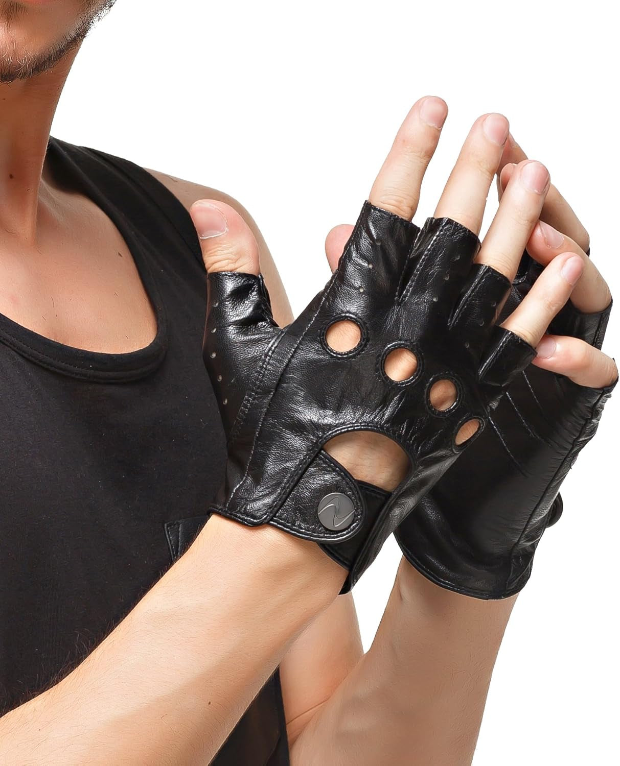 Men'S Leather Driving Gloves Italian Lambskin Half Finger Fingerless Unlined Gloves for Motorcycle Cycling Riding