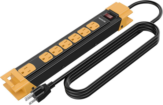 7 Outlets Mountable Heavy Duty Surge Protector Metal Power Strip,900 Joules,15A Circuit Breaker with 6 Foot Long Extension Cord, Yellow&Black,Etl Listed